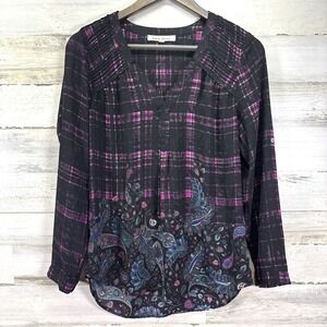 Black Rainn Black & Purple Plaid Paisley Relaxed Hi Lo V Neck Blouse Shirt Sz S